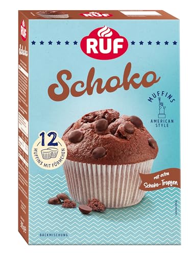 RUF Schoko-Muffins Backmischung, schokoladige American Style Muffins mit Schockoflocken, einfache Zubereitung, 12 Muffin-Förmchen inklusive