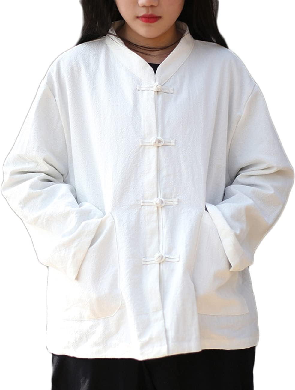 NFYM Women'sTang Suit Tops Button-Down Shirts Linen Blouse Chinese Traditional Long Sleeve Kung Fu Clothing