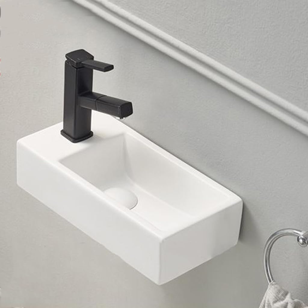 Wall Mounted Ceramic Bathroom Sink Small Rectangular Vessel Sink, Modern Porcelain Wash Basin Left Hand, White Vanity Sink For Tiny Space