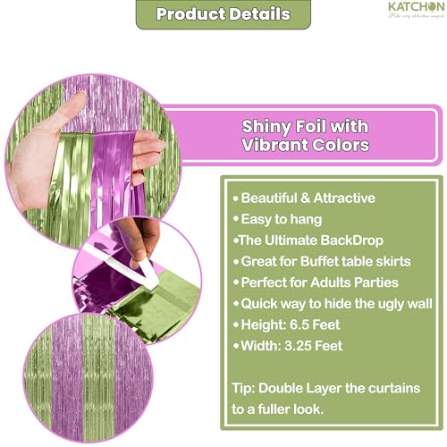 Image of KatchOn, Sage Green & Pink Fringe Backdrop Curtain - Pack of 2 | Fringe Curtains for Boho Birthday Engagement Anniversary Baby Shower Bachelorette Decorations Sage Green and Pink Party Decorations