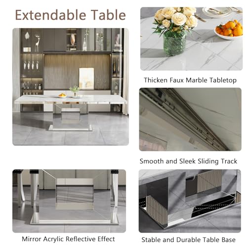 Image of Modern 63 inch-94 inch Rectangular White Faux Marble Extendable Dining Table for 6-10, Luxury Rectangular Dining Room Table, Kitchen Dinner Tables with Marble Veining Tabletop & Mirror Acrylic Base