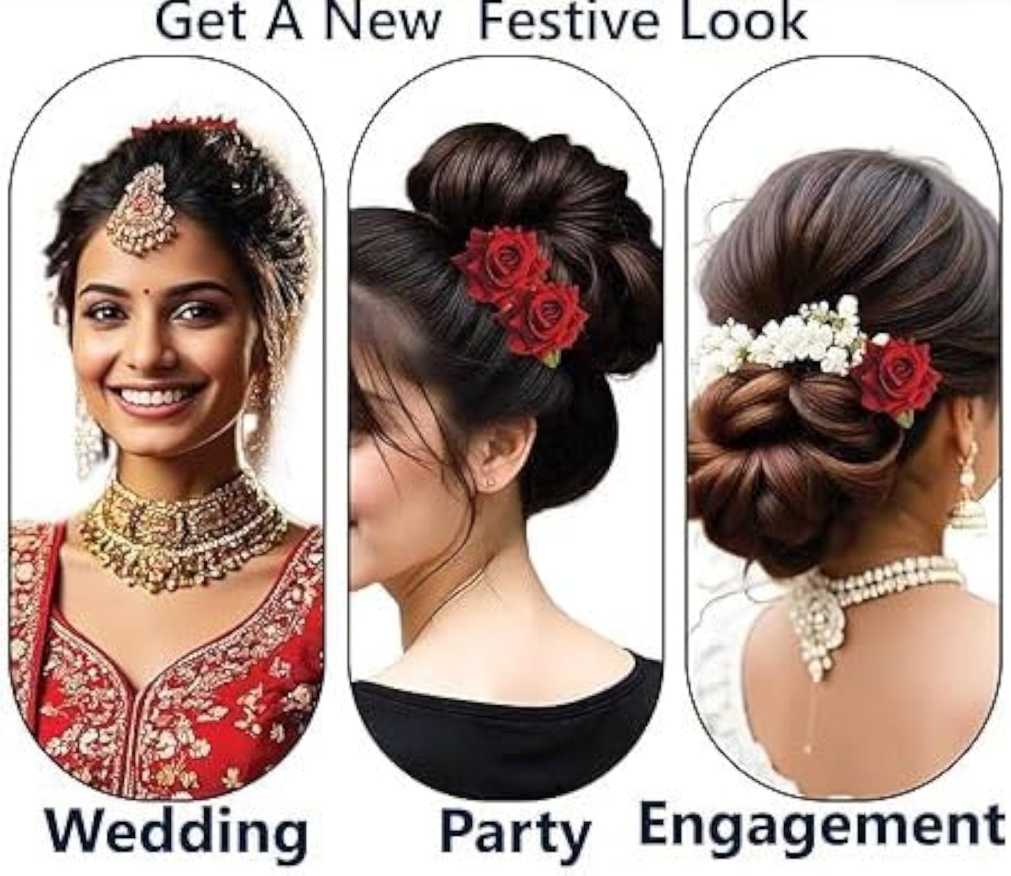 2 Pcs Stylish Red Rose Artificial Flowers Bun Juda U Pins