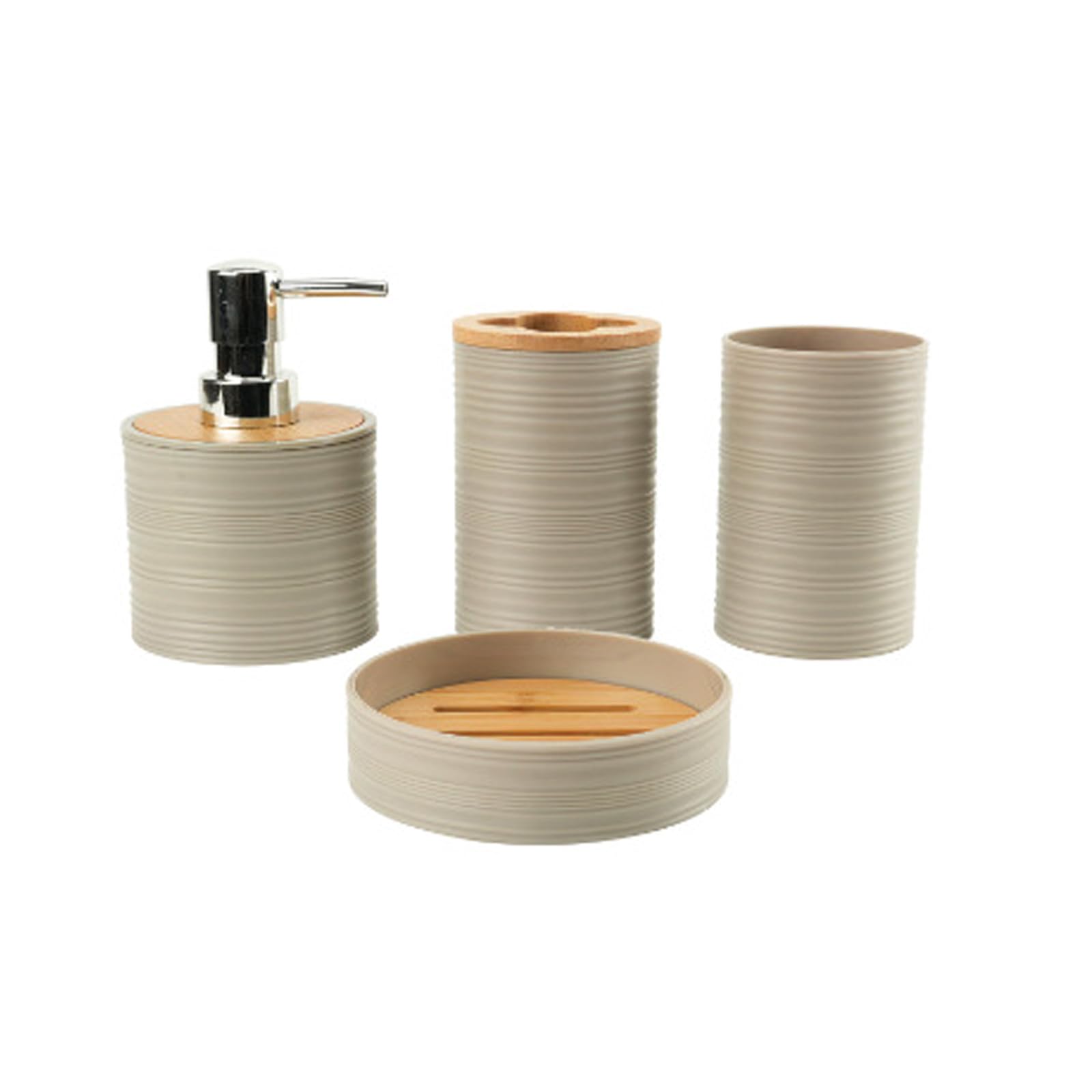 Bamboos Topped Bathroom Storage Container 4 Piece Set Includes Soap Dish Toothbrush Cup Lotion Dispenser Bathroom Countertop Storage Solution