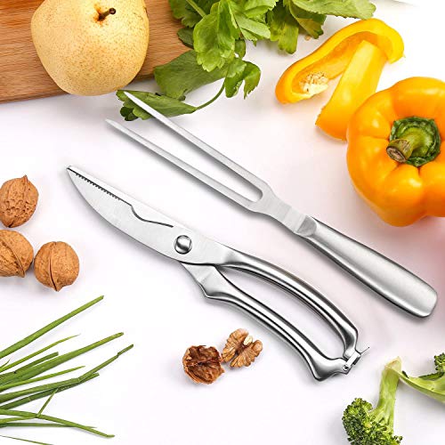 Heavy Duty Stainless Steel Poultry Shears, Premium Ultra Sharp Spring-Loaded Kitchen Food Scissors For Bone, Chicken, Meat, Fish, Seafood.bbq Fork For Multiple Use(Silver) #TOP5
