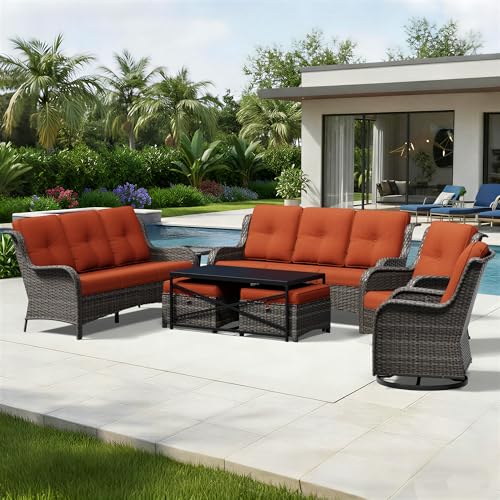 Image of Joyside 8 Piece Wicker Patio Furniture Set, Outdoor Swivel Rocker Patio Chairs with High Back, Deep Seating, Wide Armrest, Thickened Cushions, Outdoor Furniture for Deck, Porch Use