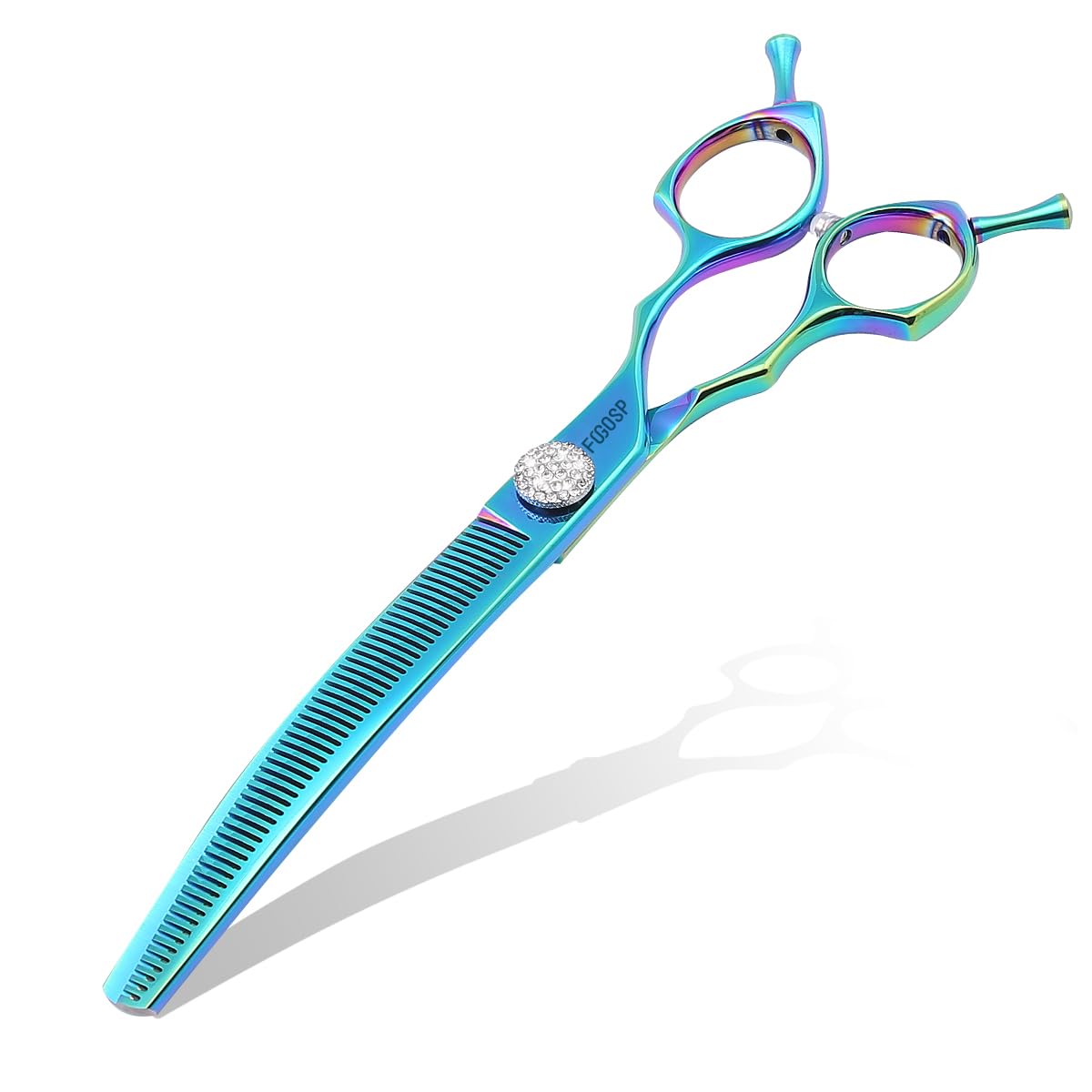 Professional Curved Thinning Shears Dog Grooming Scissors with Large Finger Holes 7.5'' Blue Green Curved Thinner Scissors for Grooming Large Dogs Pet 56 Teeth Japan 440C(Curved Thinner,Turquoise)