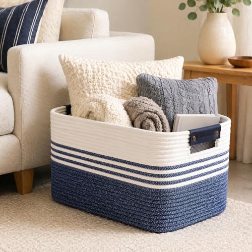 Image of Cotton Rope Laundry Basket Extra Large, 25.4GAL Collapsible Woven Storage Baskets for Living Room Kids Toys Stuffed Animal,Boho Rectangular Decorative Hamper for Dirty Clothes, Blankets Denim Blue