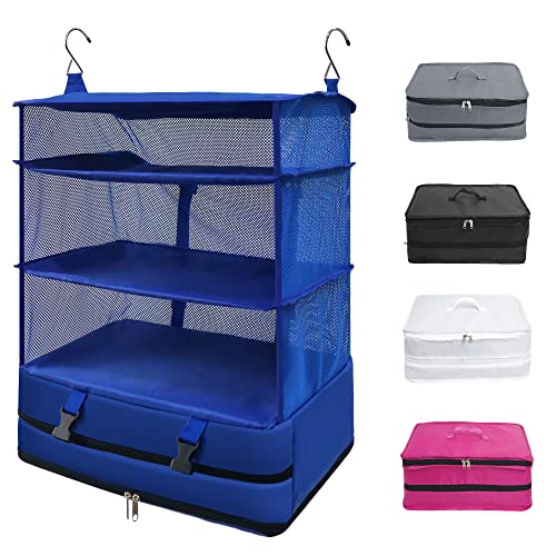 Twira Portable Hanging Travel Shelves, Suitcase Organizer, Packing Cubes for Travel, Carry-On Closet Insert, X-Large Capacity Travel Bags Collapsible 4-Shelf Travel Closet with 2 Hooks (Blue)