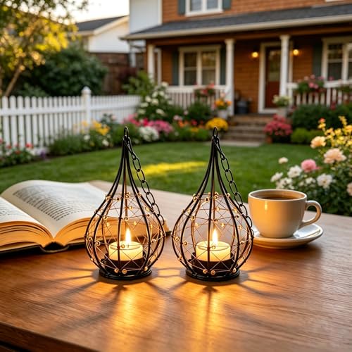 Hanging Solar Lanterns 4 Pack Outdoor Waterproof, Teardrop Wire Cage Beaded Vintage Candle Lantern with 4 Solar Tea Lights, Hanging Solar Lights for Outside Tree Patio Garden Backyard Porch Yard by TWINKVILLA - Used condition - Image 2