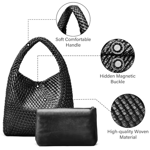 oscaurt Tragetasche für Damen, gewebte Ledertasche, gewebte Tragetasche, Damen-Handtaschen, Schultertaschen, Einkaufstasche, Top-Griff, Tasche mit Beutel, Geldbörse, Schwarz , Large