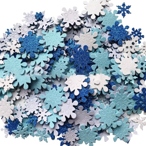 UUYYEO 100 Pcs Glitter Foam Snowflakes Stickers Self Adhesive Snowflakes Snowflake Confetti Decorations Winter Holiday Envelope Stickers Wonderland Party Supplies Blue