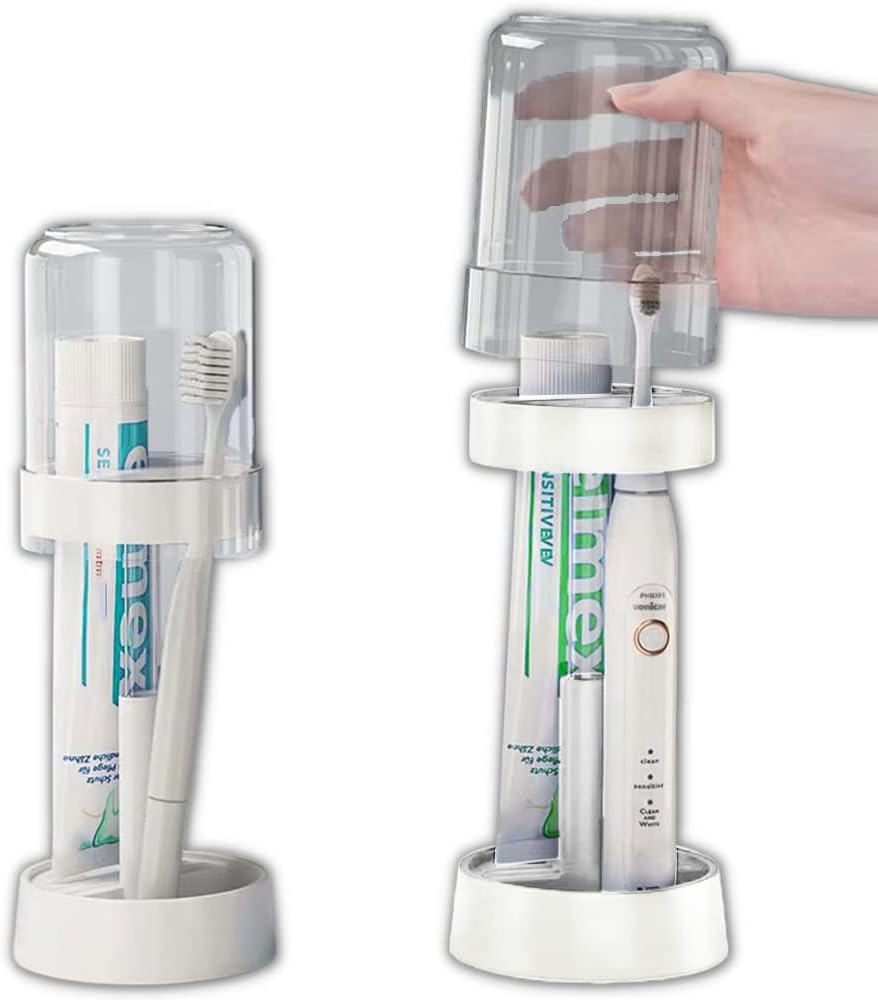 Toothbrush Holder with Cup/Cover Contains 2 Slots, Compatible with Electric Toothbrushes and Conventional Toothbrushes, Can Store Toothpaste Meiloi