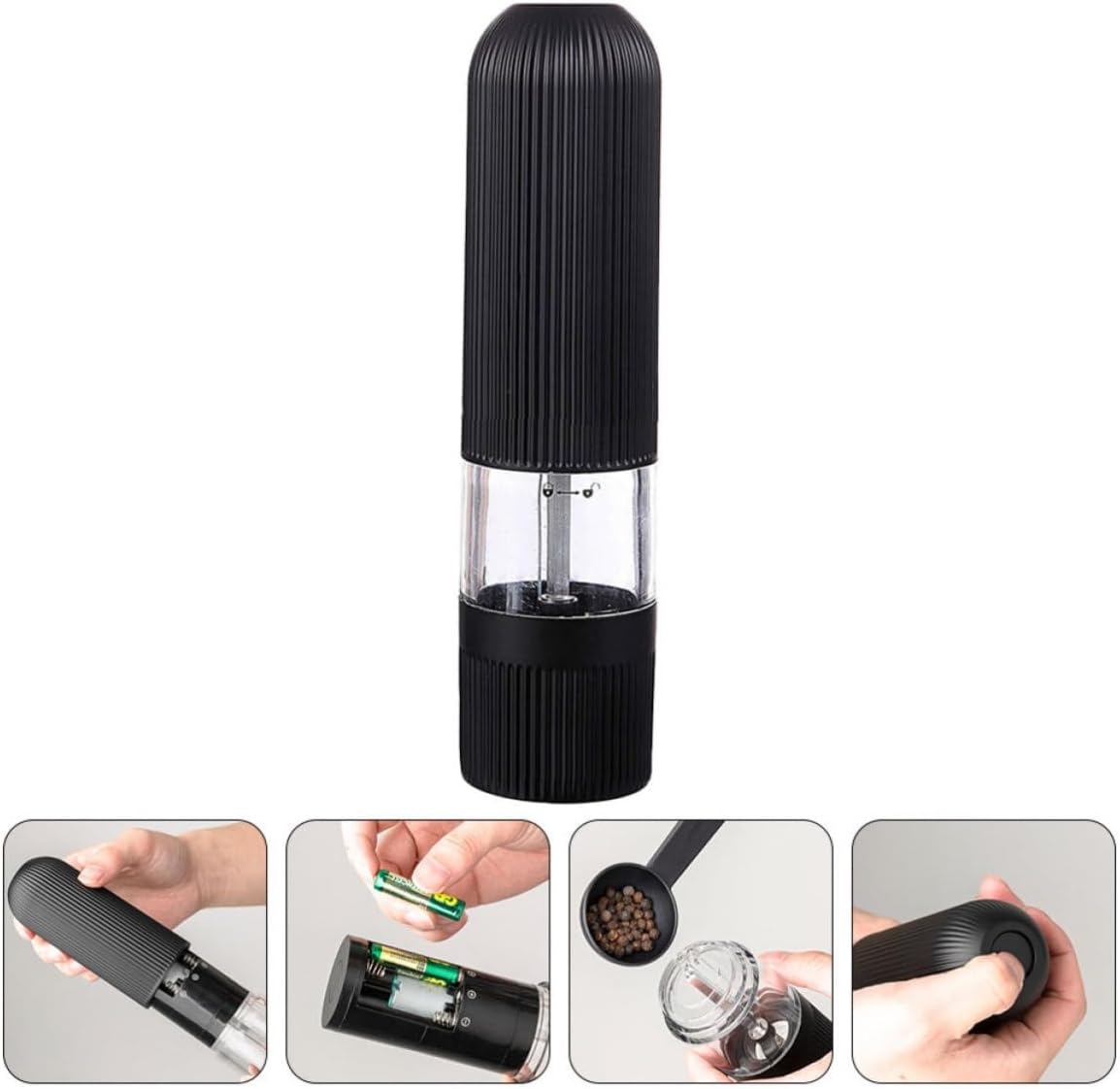 Veemoon Electric Pepper Mill Black Adjustable Automatic Spice Grinder Portable Detachable Coffee Bean Grinder for Kitchen and Dining Use
