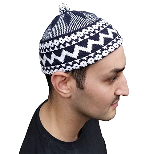 TheKufi® Indigo Blue Cotton Blend Zigzag Beanie Kufi Hat with Ball on Top One-Size4