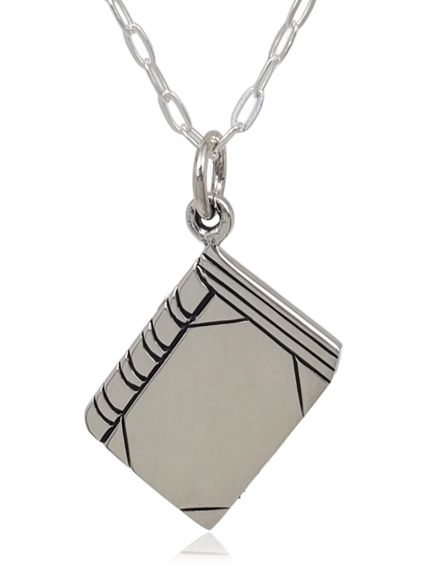 Sterling Silver Tiny Book Flat Charm Necklace, Literary Reader Pendant Jewelry, 18"