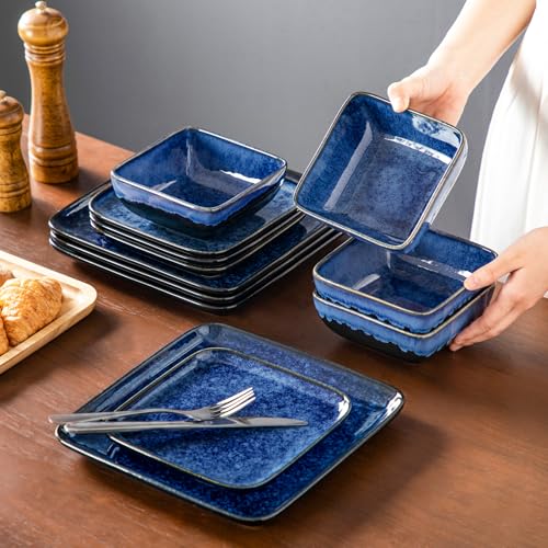 Image of vancasso Stern Blue Dinner Set Square Reactive Glaze Tableware 12 Pieces Kitchen Dinnerware Stoneware Crockery Set with Dinner Plate, Dessert Plate, Bowl Service for 4