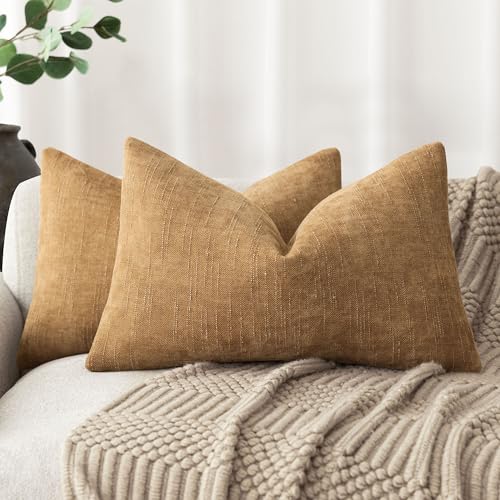 Image of Foindtower Set of 2 Textured Chenille Throw Decorative Pillow Covers Square Accent Solid Cushion Cover Neutral Farmhouse Lumbar Pillow Case for Couch Sofa Bedroom Living Room 12x24 Inch,Golden Brown