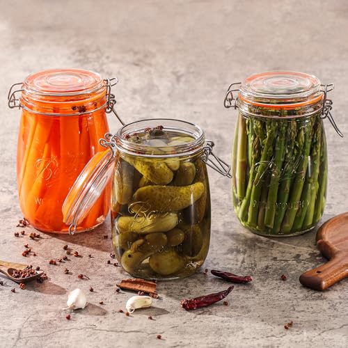 Image of 32oz Wide Mouth Mason Jars (6 Pack) - Reusable Airtight Glass Storage Jars with Hinged Lids, BPA-Free, Dishwasher Safe, Perfect for Canning, Pickling, Coffee & Fermenting