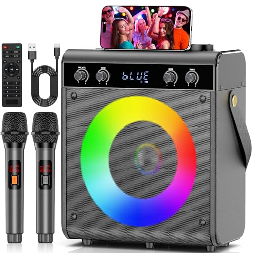 Ktrenv Karaoke Machine with 2 Wireless Microphones, Portable Bluetooth Speaker for Adults Kids with...