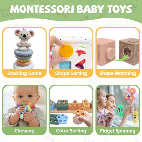 6-in-1 Montessori Baby Toys 0-6 6-12 Months, Infant Teething Toys Soft Stacking Blocks Rings Shape Sorter Sensory Fidget Spinners for Toddler 1-3, First Baby Gift Set for 6 Month Old Girl Boy - Image 4