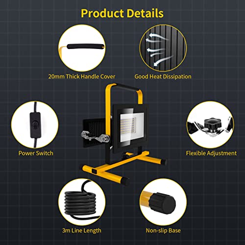 Viugreum 100w Led Work Light with Plug 8000LM 6500k Outdoor Lights Mains Powered 3 Adjustable Heads IP65 Flood Lights Outdoor Portable Construction Light with Stand / 3m Cable for Workshop Garage - Image 3