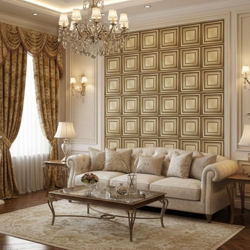 Image of Kayra Decor 3D PVC Wall Panels for Bedroom & Living Room | Frame Design | Golden Color| 19.7 x 19.7 Inch | Pack of 12 | 32.28 Sq Ft