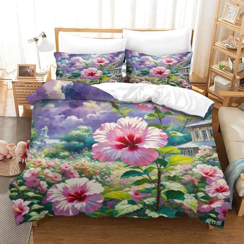Housse de couette sans repassage hibiscus 3D en microfibre douce avec zip pour lit simple - 2