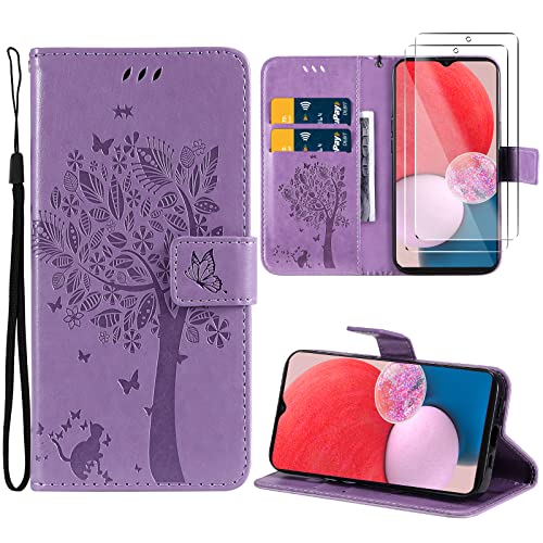 Oududianzi-Funda para Samsung Galaxy A13 4G/5G [2X Pantalla Cristal Templado] Libro Flip PU Cuero Billetera Carcasa Silicona TPU [Cierre Magnético] [Ranuras para Tarjetas] [Función de Soporte]-Púrpura Cover