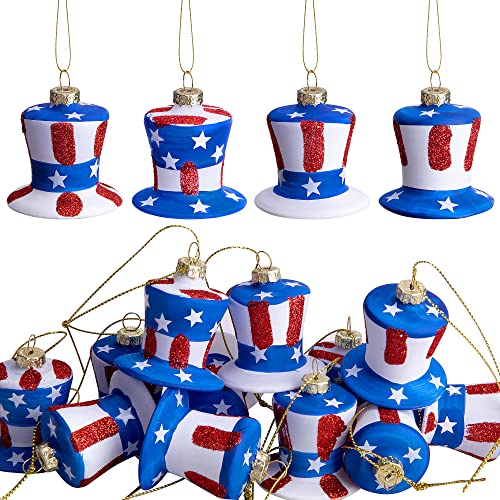 12Pcs Patriotic Glass Hat Ornament, July 4Th Uncle Sam American Hat Ornament, Red White Blue Memorial Veterans Day Hanging Hat For Independence Day Party Decor (American) #TOP25