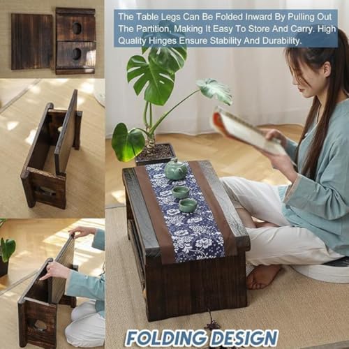 Image of Japanese Tatami Tea Table, Foldable Low Sitting Altar, Lightweight Durable Design, Sheesham Wood Walnut Finish, Brown, Model D (Folding with Storage Space)