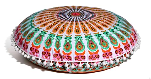 Funda de cojín de suelo redonda con mandala, cojín de asiento, manta, otomana, puf, puf, funda, pompón, hippie, decorativo, bohemio, boho, indio, 55,9 cm (Musturd)
