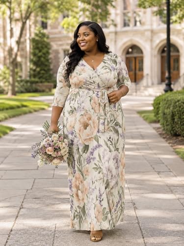 Image of SUZONANA Plus Size Dresses for Women Floral Print Maxi Dress Flowy 3 /4 Sleeve with Belt