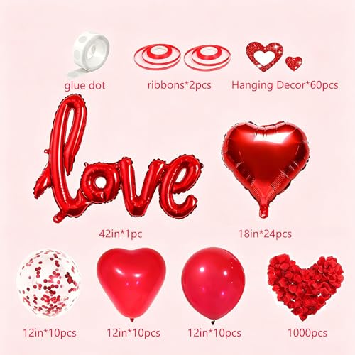 Image of Love Balloons And Wedding Balloons Set,Romantic Love Balloon Kit | Red Rose,Foil Heart Balloons| Wedding Decoration For Anniversary Confession Proposal Birde Shower Boyfriend Girlfriend Lover