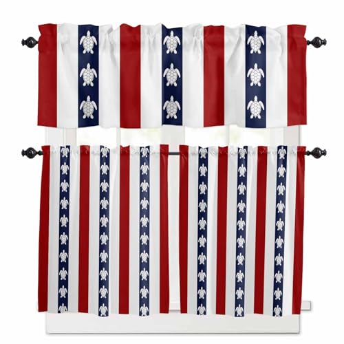 Coastal Turtle Kitchen Curtains 24 Inch Length,3 Piece Rod Pocket Small Half Tiers and Valance Set,Red Stripe Black White Geometric Ocean Small Large Window Treatment Decor for Bedroom/Bathroom Sink