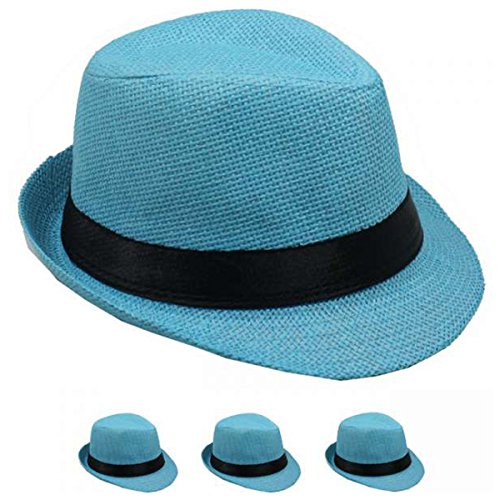 Kids Boy Girls Straw Fedora Hat Summer Trilby Hats (Blue)