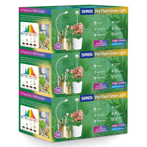 SANSI Grow Lights for Indoor Plants, ETL Listed Pot Clip LED Plant Lights for Indoor Growing, Full Spectrum, 4-Level Dimmable, Auto On Off 3 6 12 Hrs Timer for Small Plants, Garden White 5V 