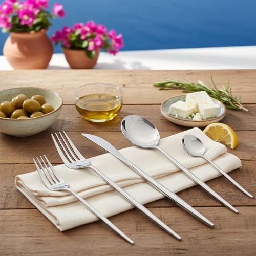 Image of Slim Handle Silver 10 Pcs Stainless Steel Cutlery Set for Dining Table, Dishwasher Safe Glossy Flatware (2 Spoon Set+2 Forks Set+2 Butter Knife+2 Dessert Spoon+ 2 Fruit Fork)