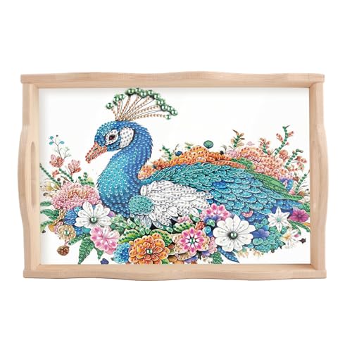 Image of AiYuanzsh 5D Diamond Art Tray with Handle for Adults DIY Diamond Art Plate Kits Peacock Picture Diamond Art Painting Dinner Plate for Coffee Living Room Home Organizer Parties Family Gatherings