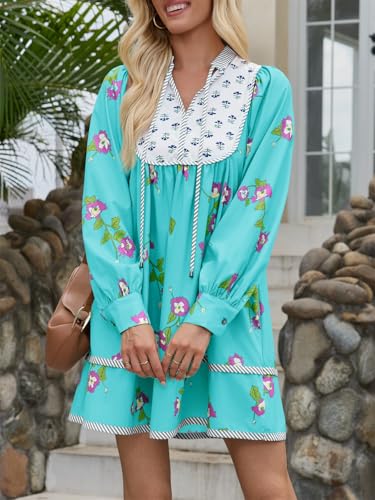 Image of Wenrine Womens Casual Floral Mini Dress Fall Long Sleeve V Neck Patchwork Loose Boho Shirt Dresses