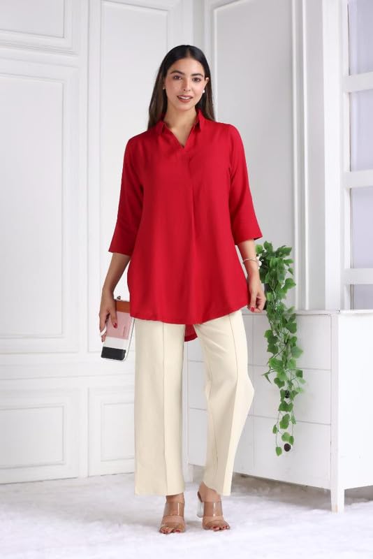 Image of Mlada Rayon Flare Top for Women | 3 /4th Sleeve Regular Fit and Flare Top | Women Office Tops Tunic | Western Long Shirt Top for Women | Shirt Collar Top for Women | Rayon Tunic Tops for Women Western