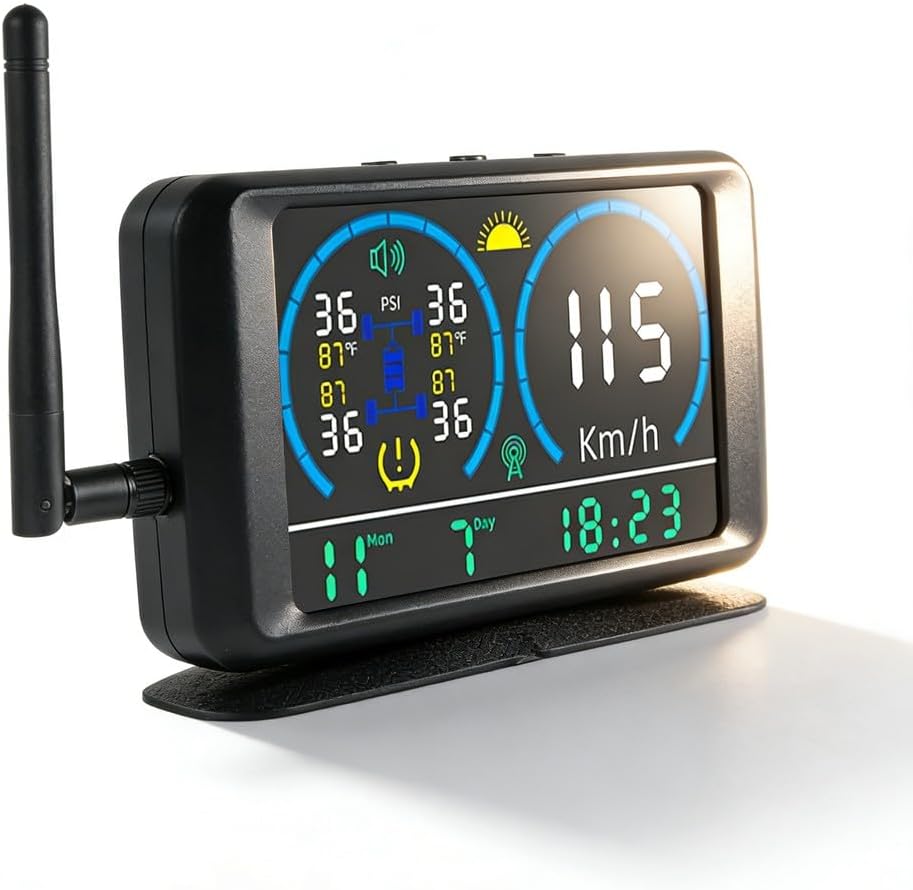 Tire Pressure Monitoring System with 5 Inch Color LCD, 4 Sensors, Solar and USB Charge, 0-13Bar for Heavy Duty Trucks - Real - Time Alerts, Low Power Consumption, Heavy Van Use