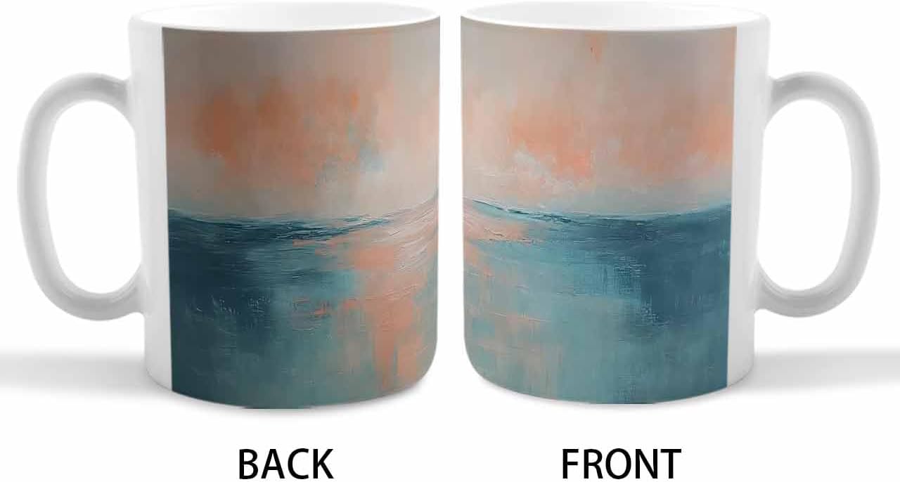 BEMIGO Ceramic Coffee Mug Ocean Scenery Ceramic Mug White Cup, Modern Style Oil Painting Insulated Coffee Cup with Handle with Pattern Perfect for Tea and Hot Beverages, 12oz