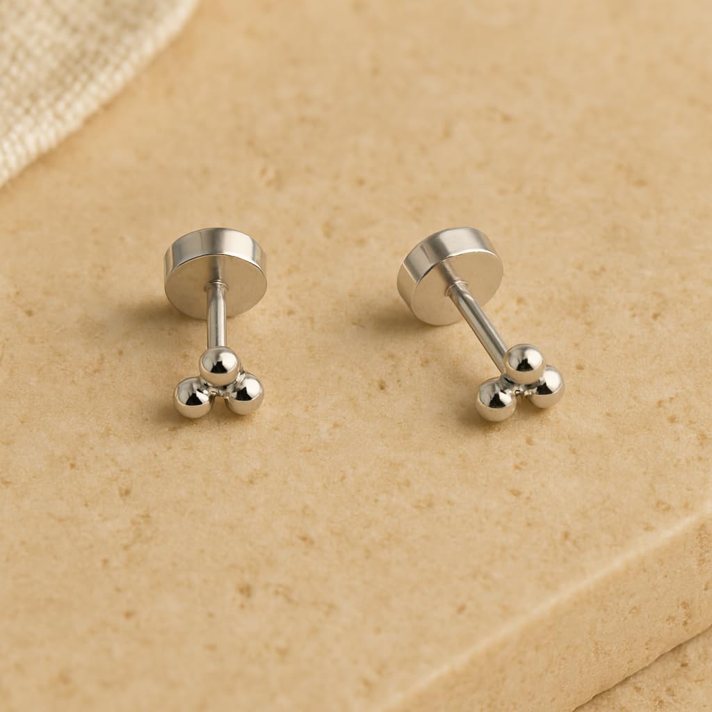 925 Sterling Silver Trio Ball Stud Earrings, 18K Gold Vermeil, 1 Micron Plating, 5mm, Screw Back, Hypoallergenic Jewelry for Women