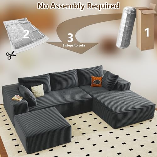 Image of 96 inch U-Shape Cloud Couch, Modern Modular Sectional L-Shape Sofa with Ottoman, Corduroy Upholstered Couches Deep Seat Chaise Longue for Living Room, No Assembly Required(Dark Gray, Right Facing)