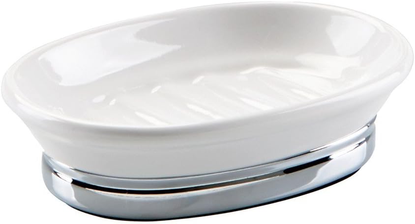 iDesign Hand Soap Holder, Small Oval Shaped Soap Dish Made of Ceramic and Metal, Practical Soap Storage for Bathroom Sink or Kitchen Sink, White/Chrome