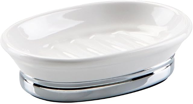 iDesign Soap Dish Holder, Oval Shaped Made of Ceramic and Metal, Practical Soap Storage for Bathroom Kitchen Sink, White/Chrome, Standard
