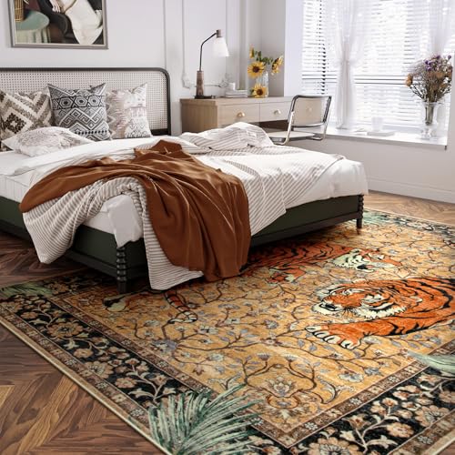 Moynesa Tiger 8x10 Area Rug, Washable Boho Rugs for Living Room, Vintage Large Soft Dining Room Rug, Non Slip Ultra Thin Stain Resistant Floor Carpet for Home Office Bedroom, Camel