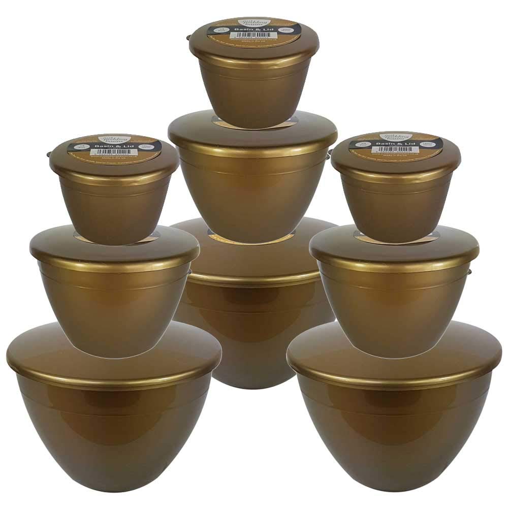 Just Pudding Basins Plastic Pudding Basins Gold Nuggets Collection, 3X 1/4 Pint 3X 1 Pint & 3X 2 Pints Gold Coloured Bowls and Lids for Steam Puddings