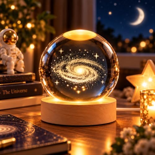 One94Store 3D Galaxy Crystal Ball Night Lamp - Engraved USB Table LED Wooden Light for Home Office Decoration and Birthday Gift (Galaxy)(Warm White)