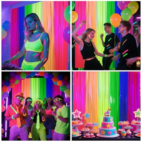 4 Packs Glow in the Dark Foil Fringe Curtain, Macaron Rainbow Blacklight Reactive Fluorescent Tinsel Backdrop Neon Luminous Streamers for Birthday, Wedding, Neon Party, Glow Party Decorations Supplies - Thumbnail 4